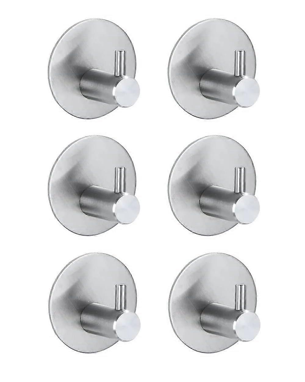 6 Pack Self Adhesive Hooks, Extra Strong Silver Stainless Steel Wall Hooks for Hanging Keys, Coats, and Towels, 15lbs Capacity