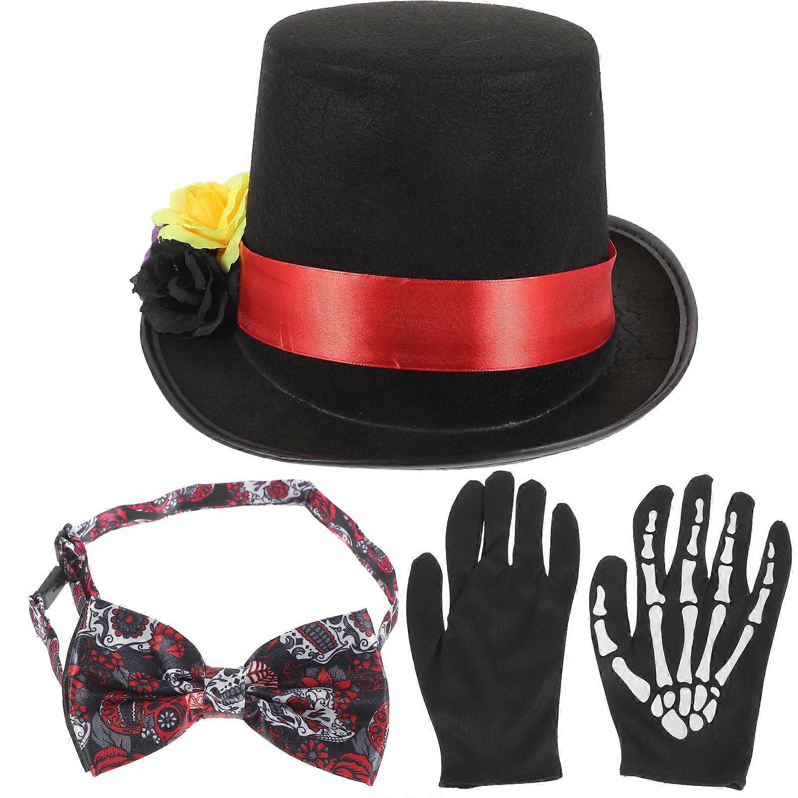 Skull Gloves And Halloween Hat Set Of 2 Sets Perfect For Bar Dance Party And Halloween Party With Foldable Design And Reusable Function