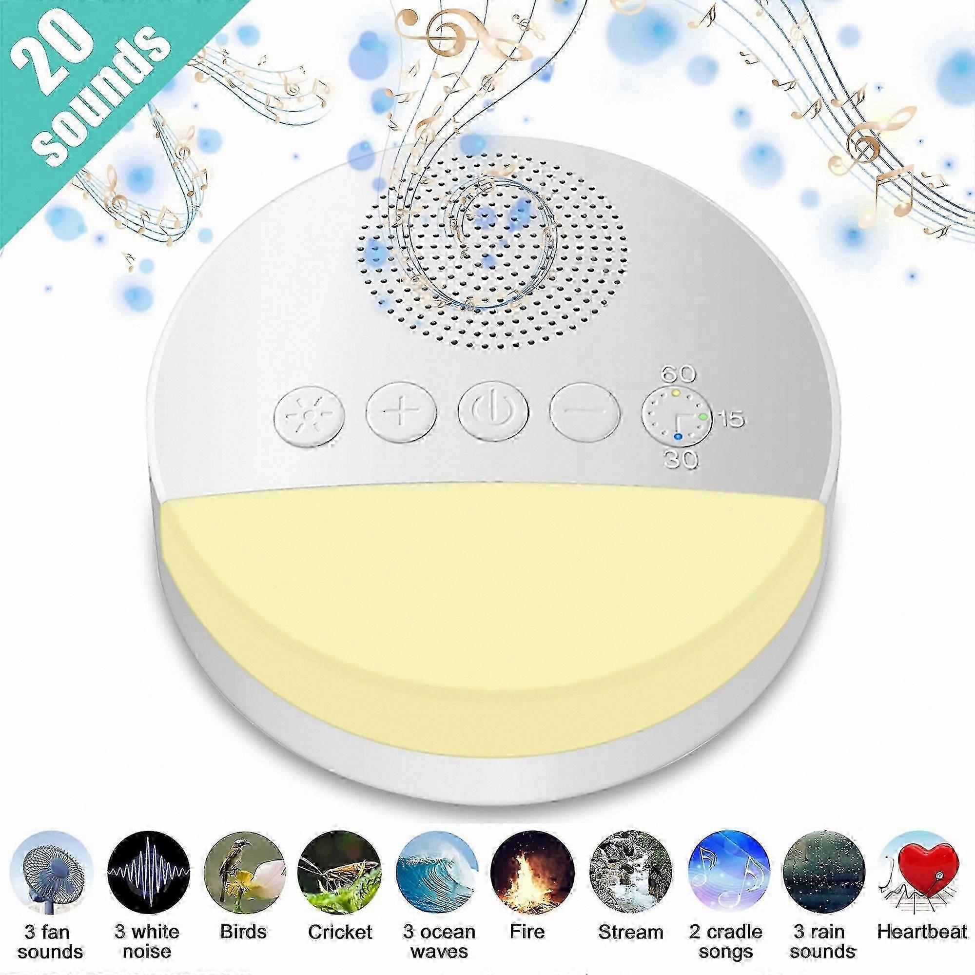 White Noise Machine with 20 Sounds, Rechargeable Sleep Aid, Night Light Timer, Adjustable Volume & Memory Function for Relaxation