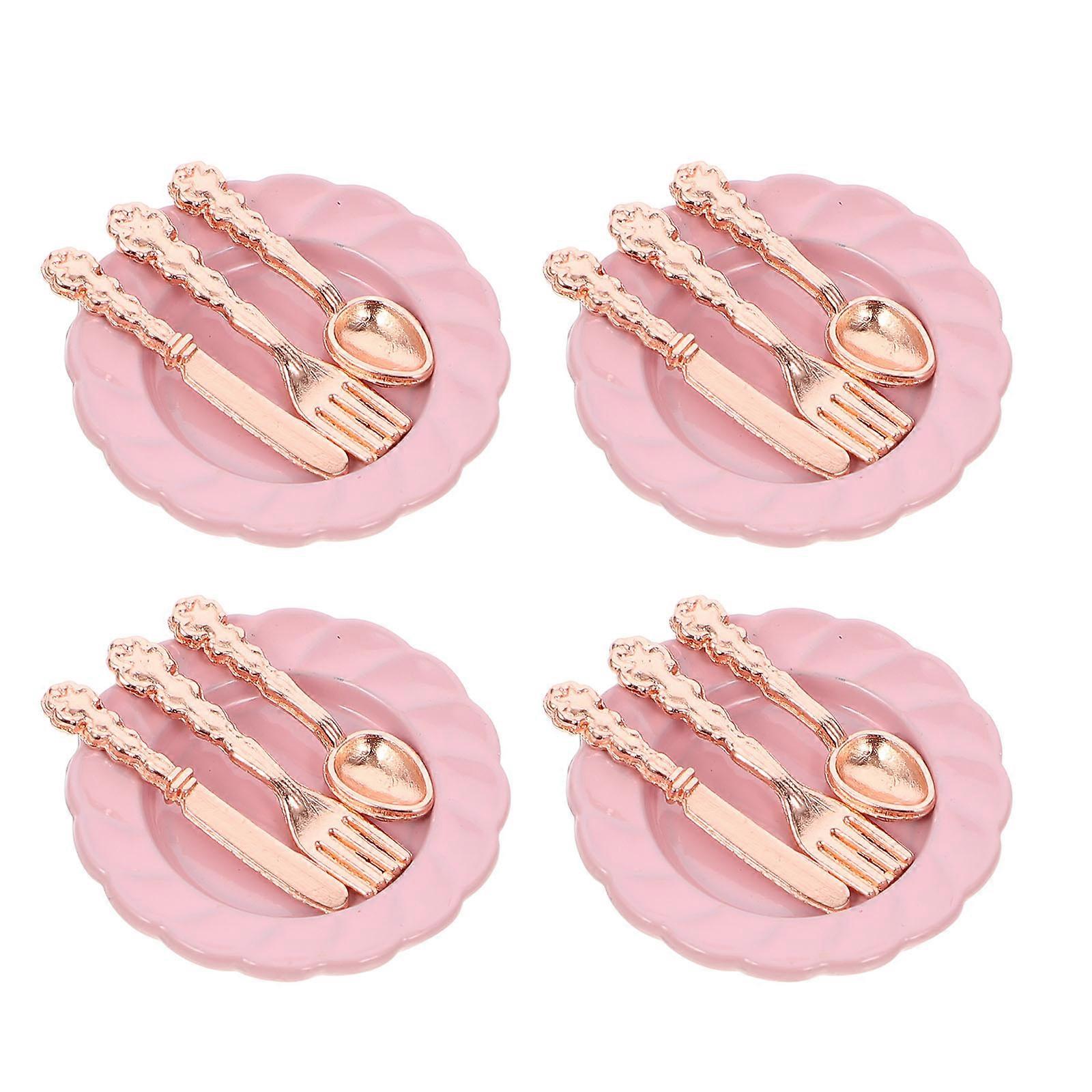 Dollhouse Mini Plate Tableware for Decor 8Sets Pink Alloy Dollhouse Dish