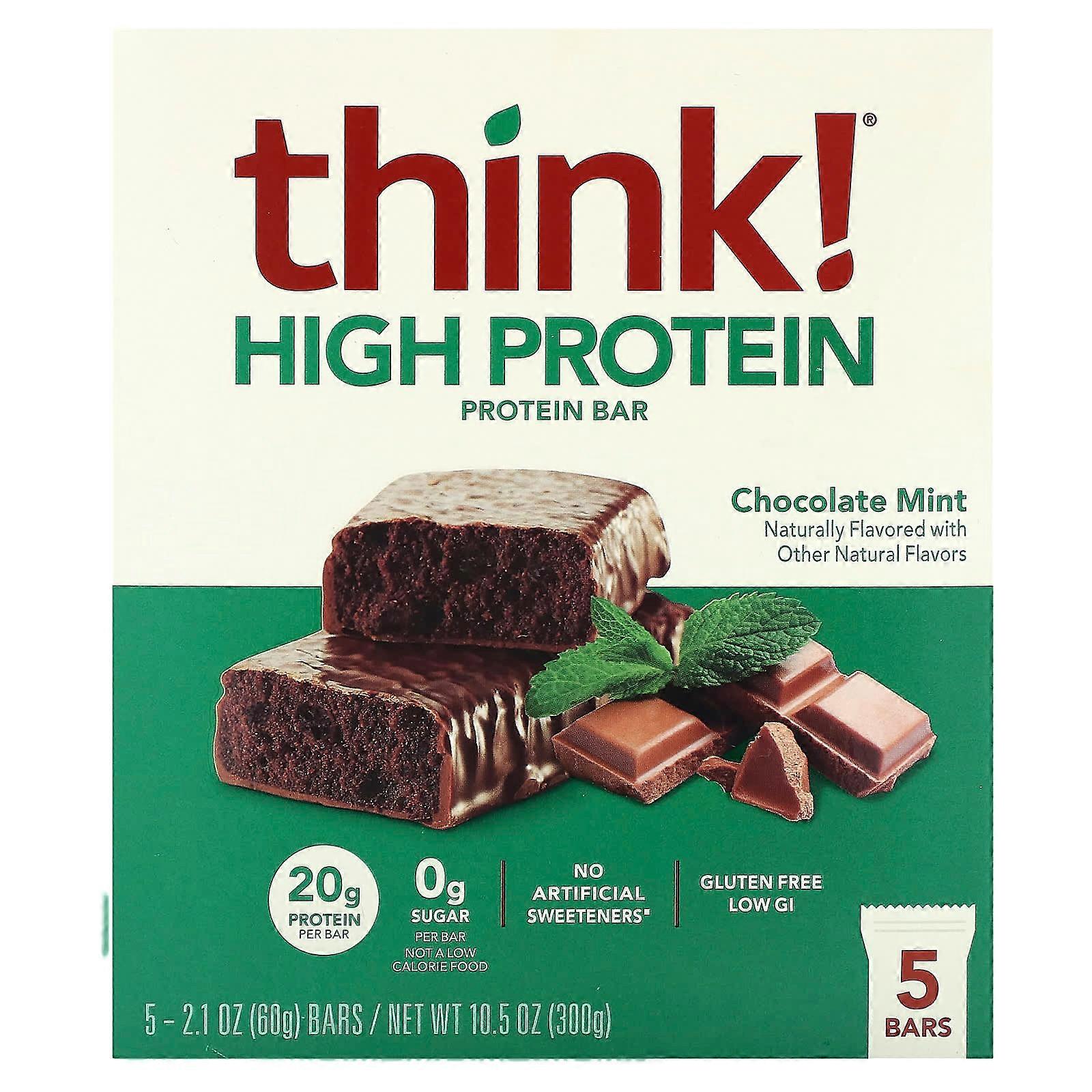 High Protein Bars, Chocolate Mint, 5 Bars, 2.1 oz (60 g) Each