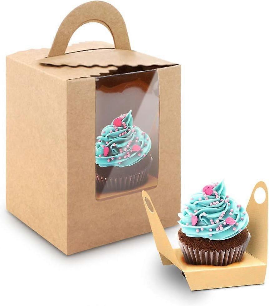 50 Pack Kraft Cupcake Boxes with Window & Insert, Compatible with Bakery Packaging, Handle for Party Wedding Favors
