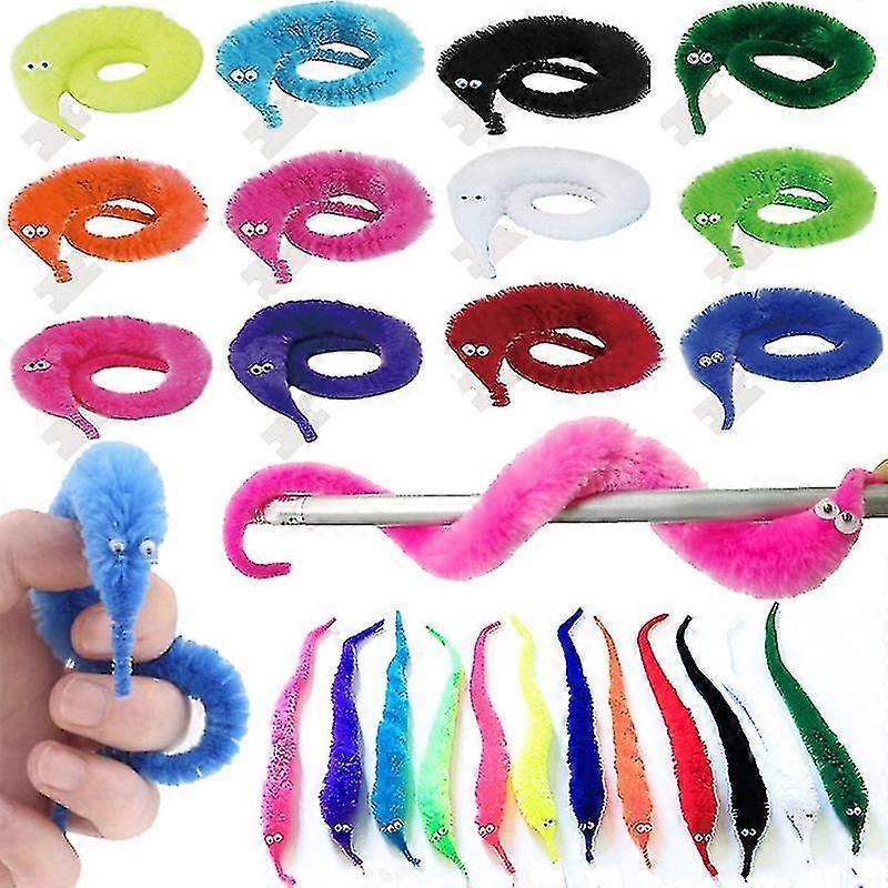Twisty Worm Magic - 24 stk. Fuzzy Orme på en Snor til Børn: Jule- og Halloweenfestgaver - Unikt tricklegetøj til Troldmænd