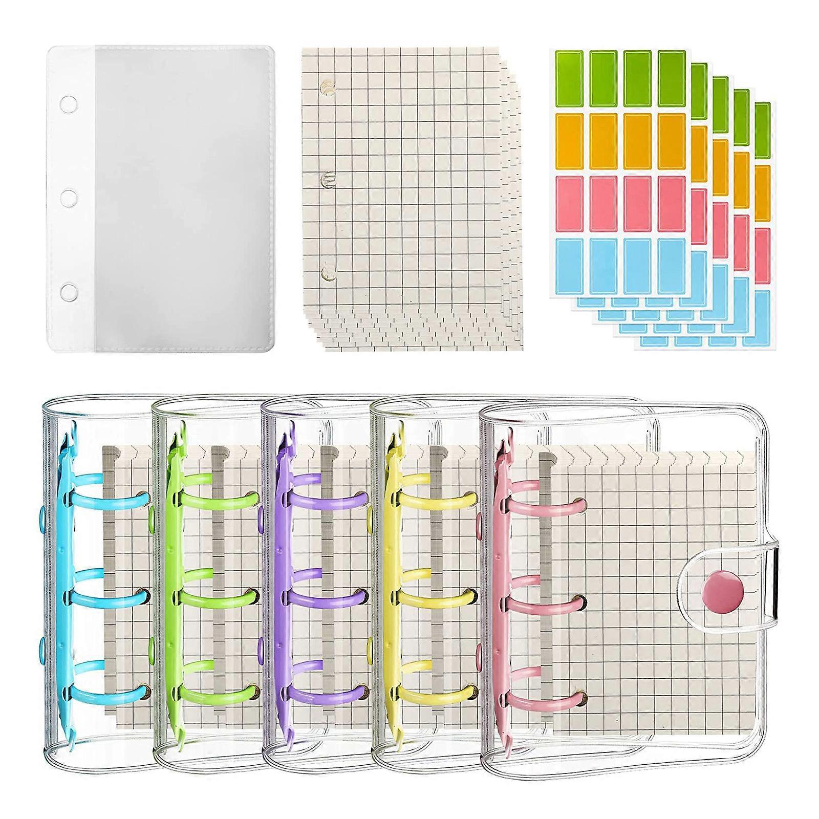 5 Sets Mini PVC 3 Rings Binder Covers with Inner Paper, Labels, 3 Rings Card Pocket for DIY Loose Leaf Notebook Diary Multicolor