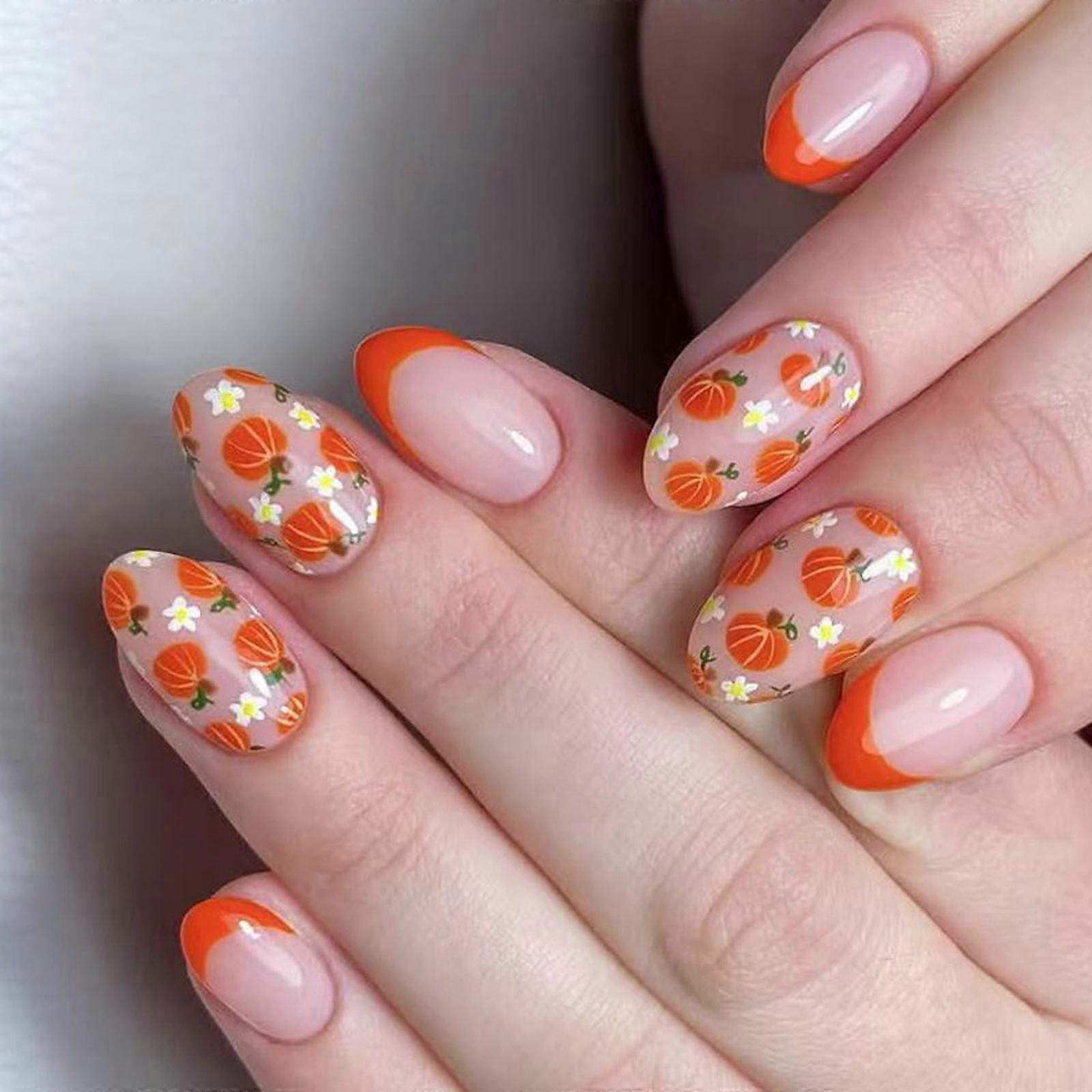 French Design Artificial Nail Autumn Pumpkin Floral Pattern 24Pcs Easy Application Multicolor