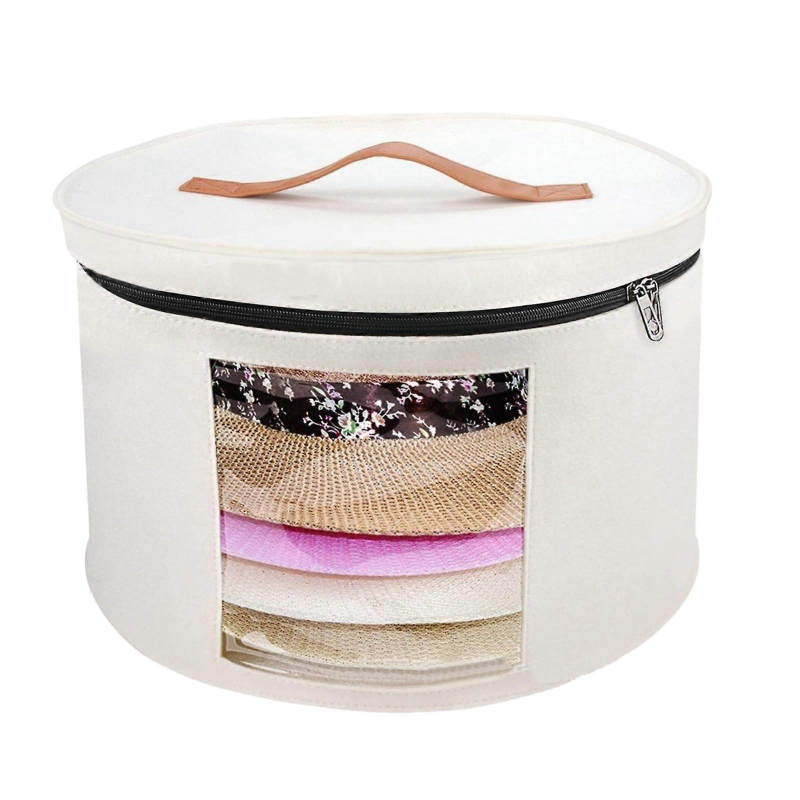 Felt Hat Storage Box with Zipper Closure, Round Organizer with Handle and Clear Window for Women