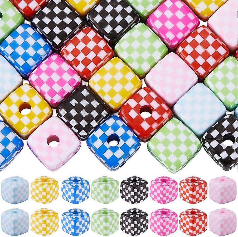 48Pcs 8 Colors Check Beads Colorful Square Beads Bulk Large Checkered Lattice Tartan Opaque Cute Color Cube Spacers for Jewelry Making Supplies DIY Cr