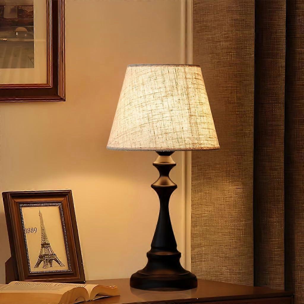 Black Bedside Table Lamp with Linen Shade, Adjustable Brightness, Vintage Metal Base for Bedroom
