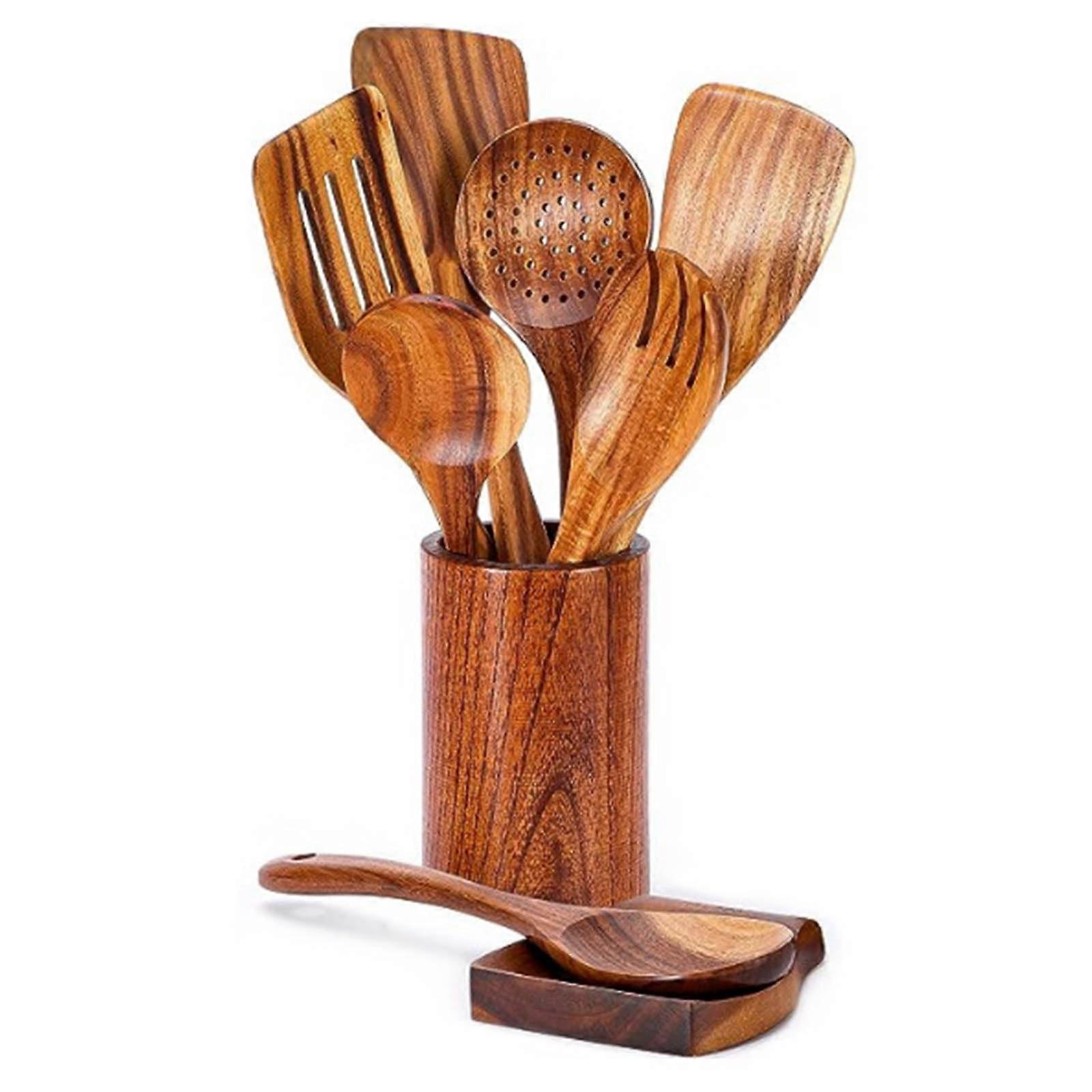 9 Piece Wooden Cooking Utensils Set  Durable, HeatResistant, ScratchSafe for Nonstick Cookware