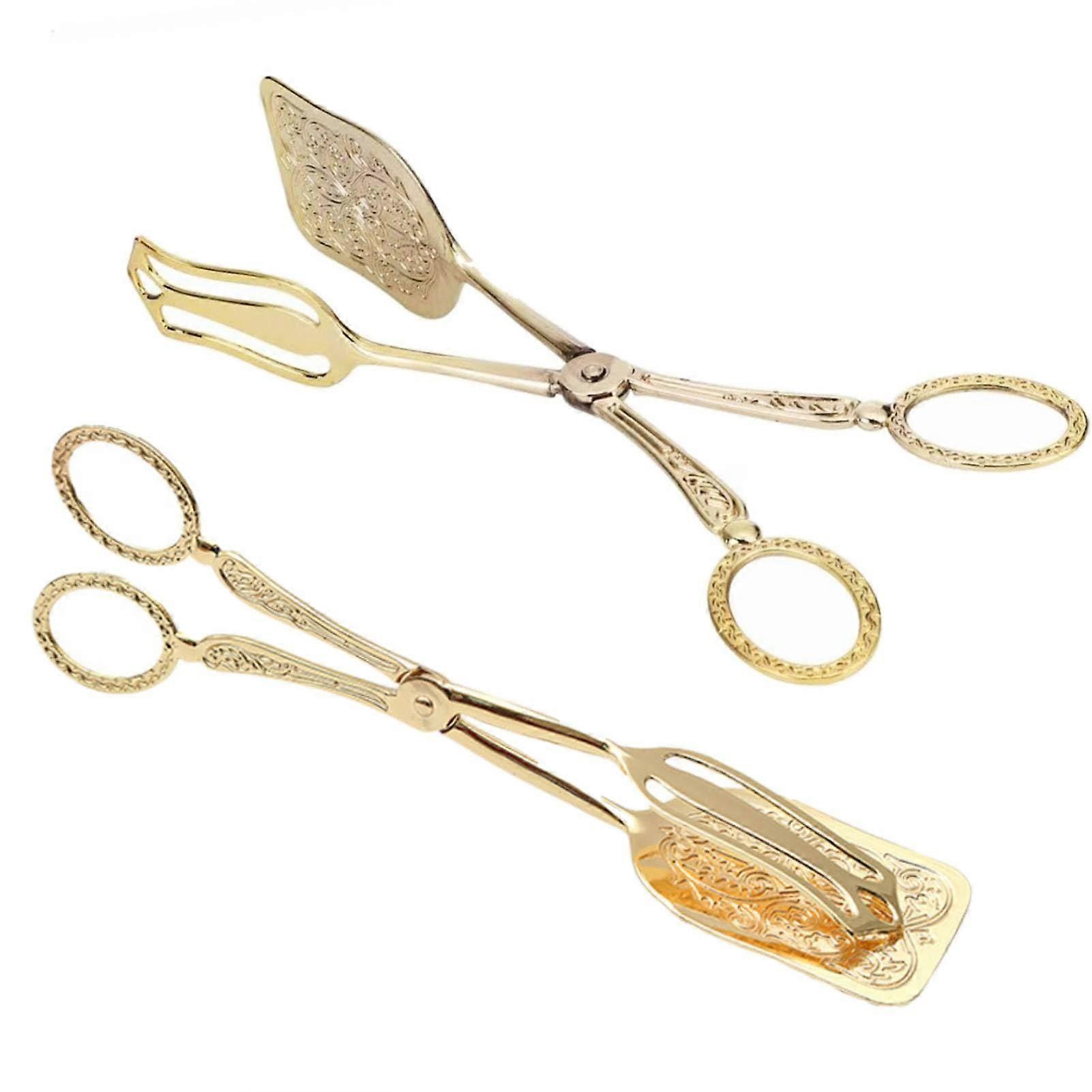 2PCS Gold Serving Tongs Zinc Alloy Buffet Bread Clip with Ergonomic Scissor Handle and GreaseDraining Design