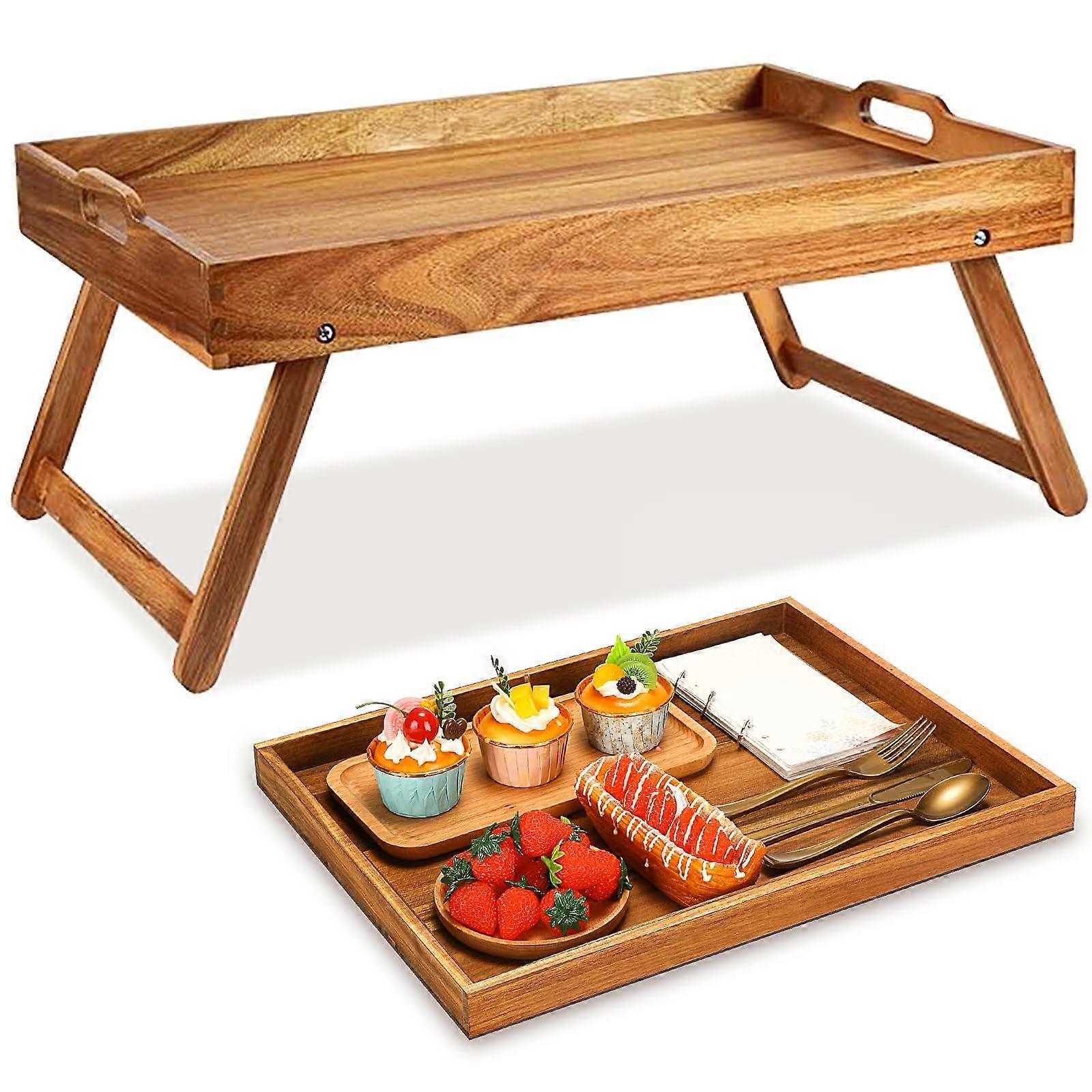 2 Pcs Wooden Bed Tray Table with Folding Legs and Handles, Durable Acacia Breakfast Serving Trays