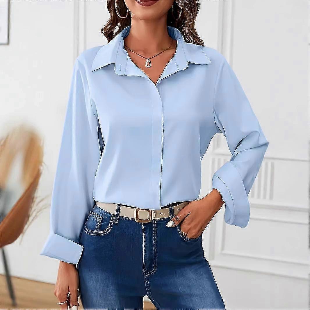 Women's Light Blue Long Sleeve Lapel Shirt  Elegant Wrinkle Resistant Polyester Work Blouse