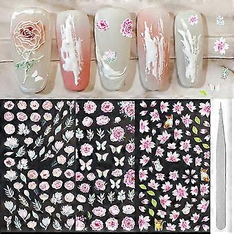 fleurs nail art autocollant, 5D exquis en relief rose rose, pivoine papillon feuilles Nail Art décoration Nail Art fournitures auto-adhésif sculpture design Ac