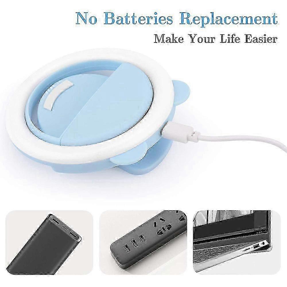 Anneau lumineux selfie, lampe à pince compatible avec ordinateur portable, rechargeable, bleu