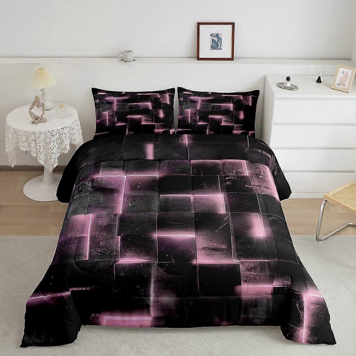 Neon Pink and Black Queen Comforter Set 3D Geometric Pattern Soft Microfiber Lightweight Bedding Set