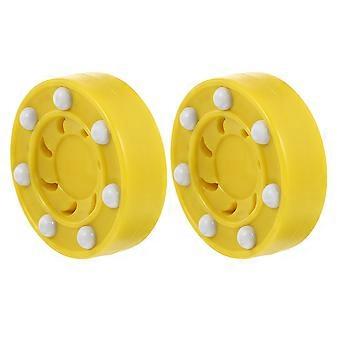 2 stuks ijshockeypucks van geel plastic voor trainingsdoeleinden, geschikt voor rolschaatsen.