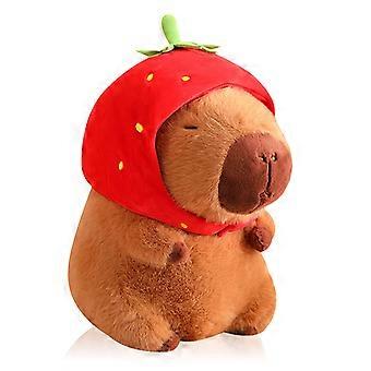 Capybara Plush with Strawberry Hat, Soft Stuffed Animal Toy, Cute Gift for Girls and Boys