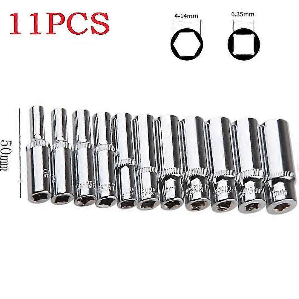 11pcs/set Silver 1/4 Socket Set Adapter Long Sockets 4-14mm Deep Socket Tool Heads Torque Spanner Ratchet Socket Wrench