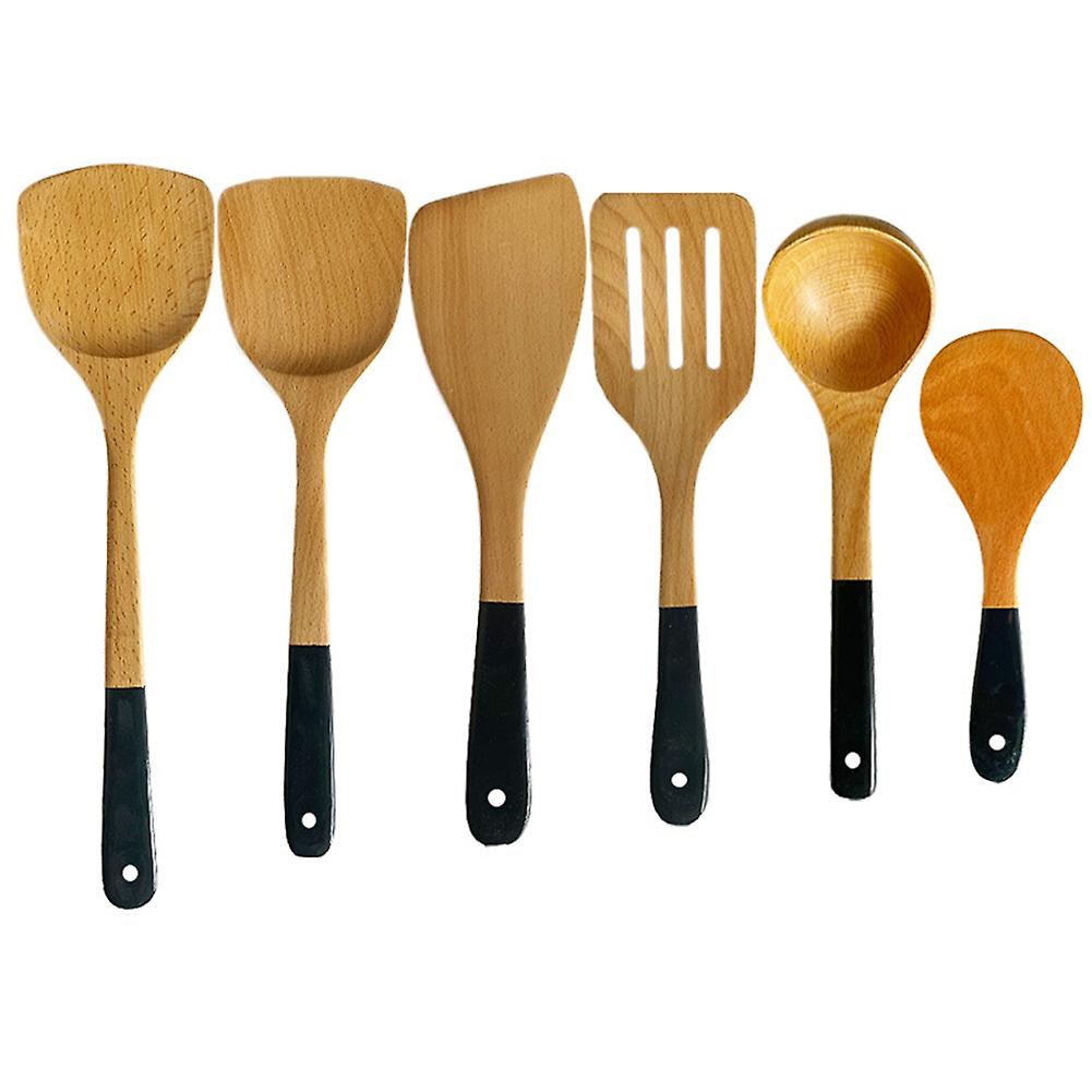 6PCS Beech Color Handle Cooking Spatula Set Non-Stick Frying Spatula Cooking Spatula Wooden Spoon W