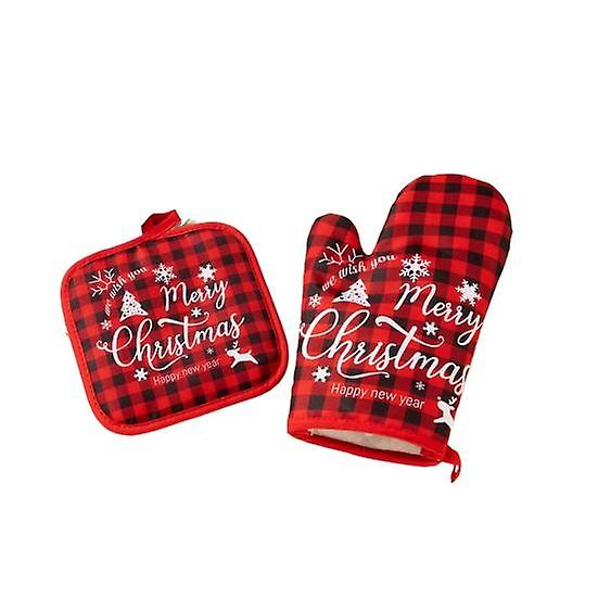 Baking Glove Cartoon Pattern Christmas Glove Heat-resistant Oven Glove with Mat for Home Kitchen