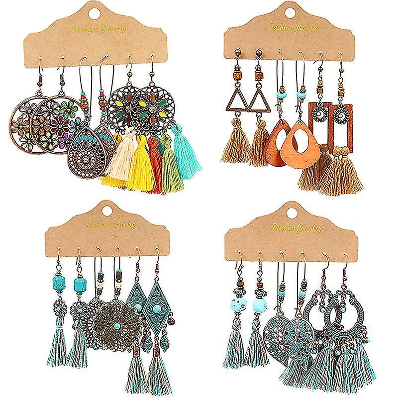 12 Pairs Bohemian Silver Drop Dangle Earrings Set For Women/girl, Hypoallergenic Fashion Vintage Bro