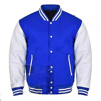 Varsity Letterman Bomber Royal Wool & White Leather Sleeves...