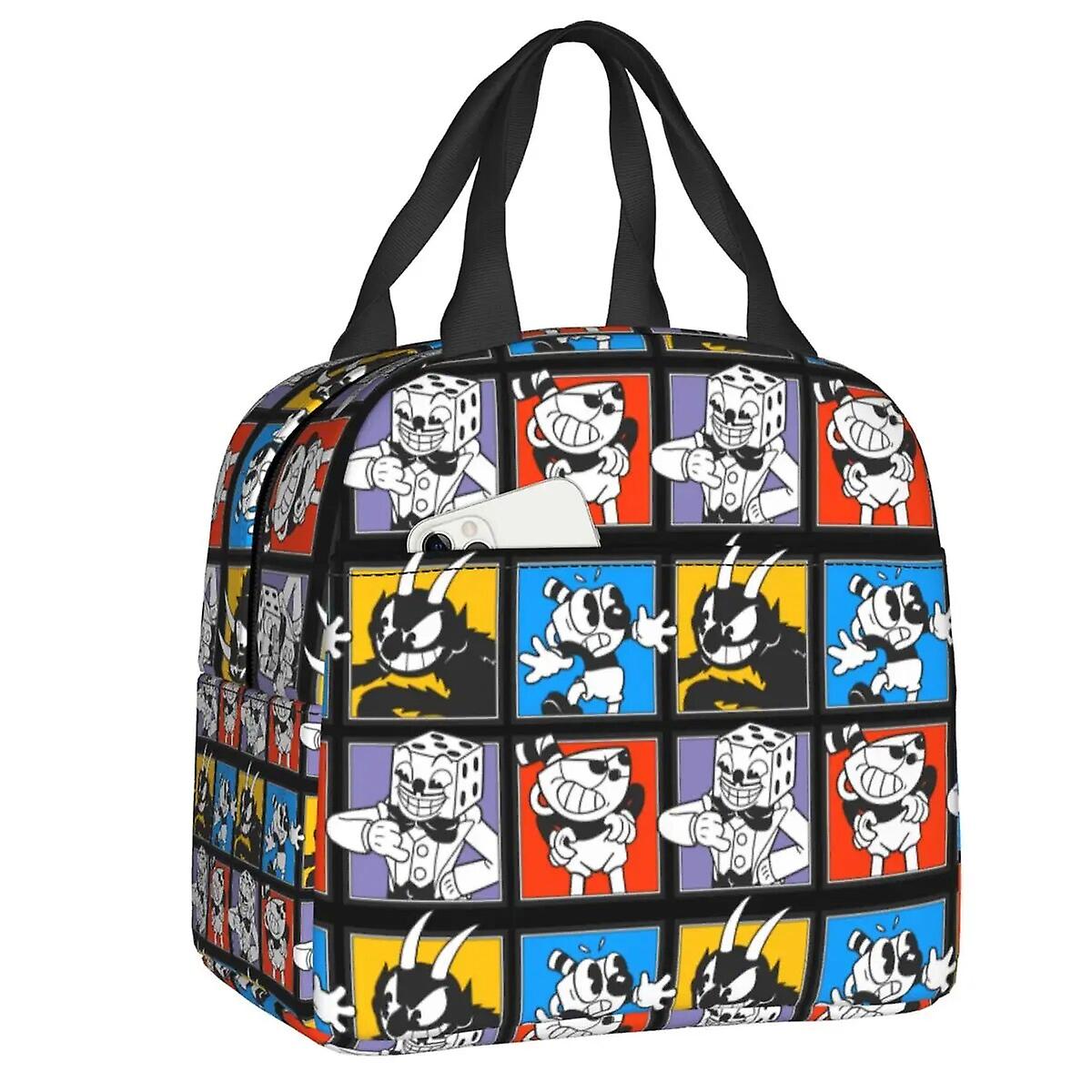 لعبة ساخنة الكرتون Cuphead Mugman حقيبة غداء للنساء مانعة للتسرب برودة معزولة حرارية صندوق غداء العمل المدرسي نزهة أكياس الطعام