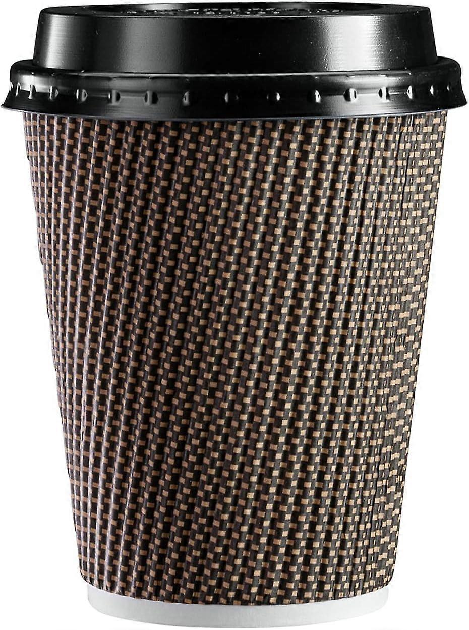 50 Sets 250 ml Insulated Brown Patterned Ripple Paper Hot Coffee Cups With Lids
