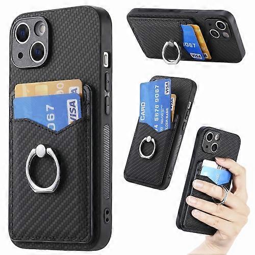 For iPhone 15 Carbon Fiber Card Wallet Ring Holder Mobile Phone Case