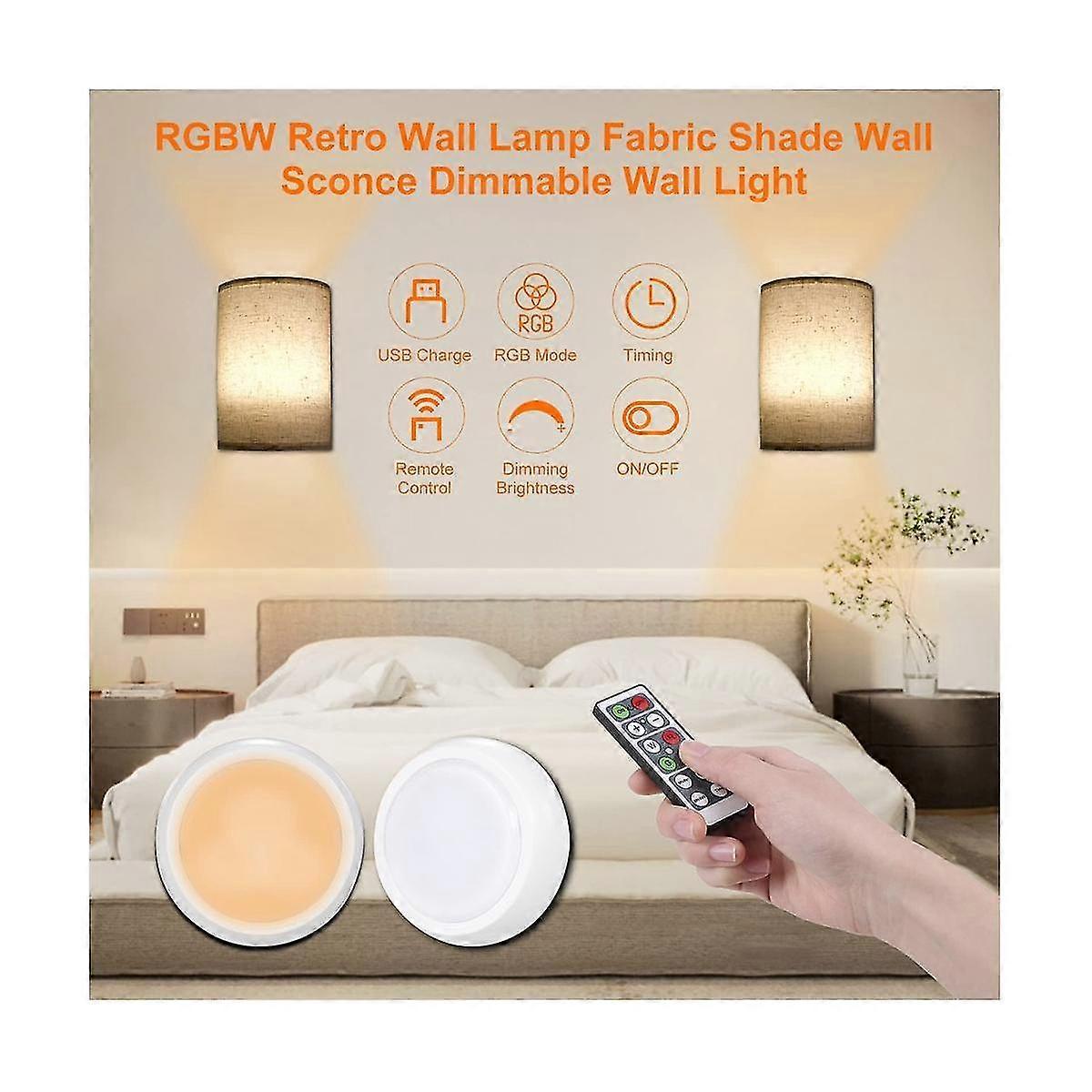 Retro Wall Lamp Fabric Shade Light Dimmable Wall Light Fixtures with Remote Control for Bedroom Living Room 3-Colors