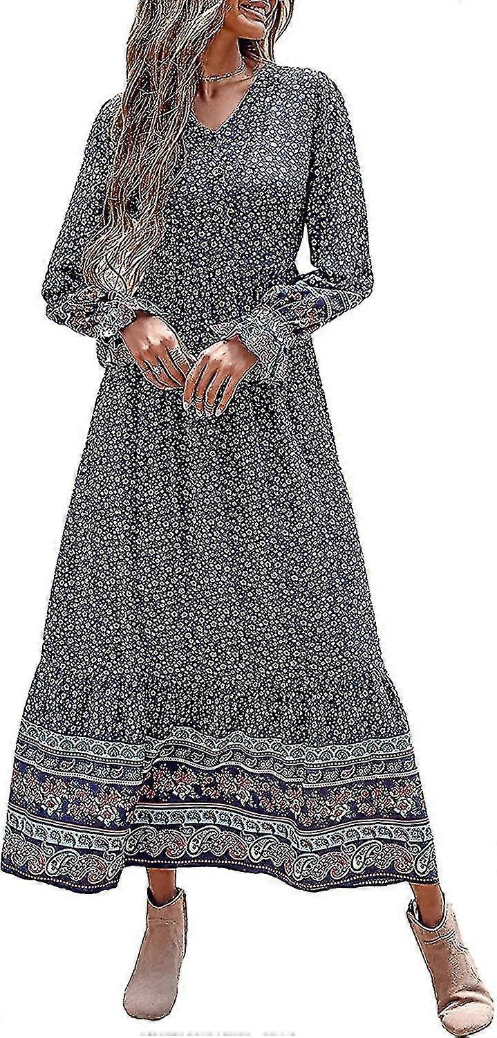 Mânecă lungă Maxi Rochie pentru femei - V Gât Casual Buton Down Boho Floral Print Fall Rochii lungi de transport gratuit
