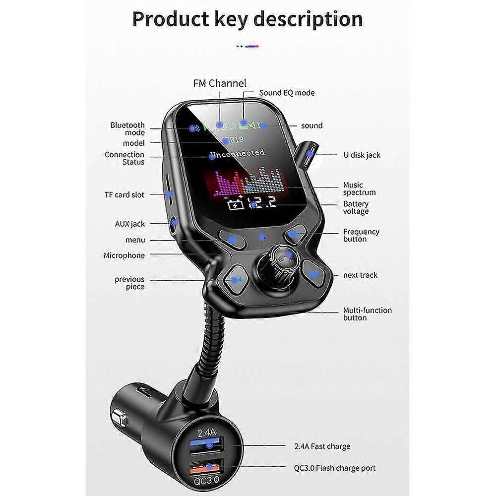 Wireless Mp3 Player Radio Adapter Bluetooth Fm Transmitter Car Fm Transmitter 1.8in Colour Screen 87.5mhz-108mhz Durable New