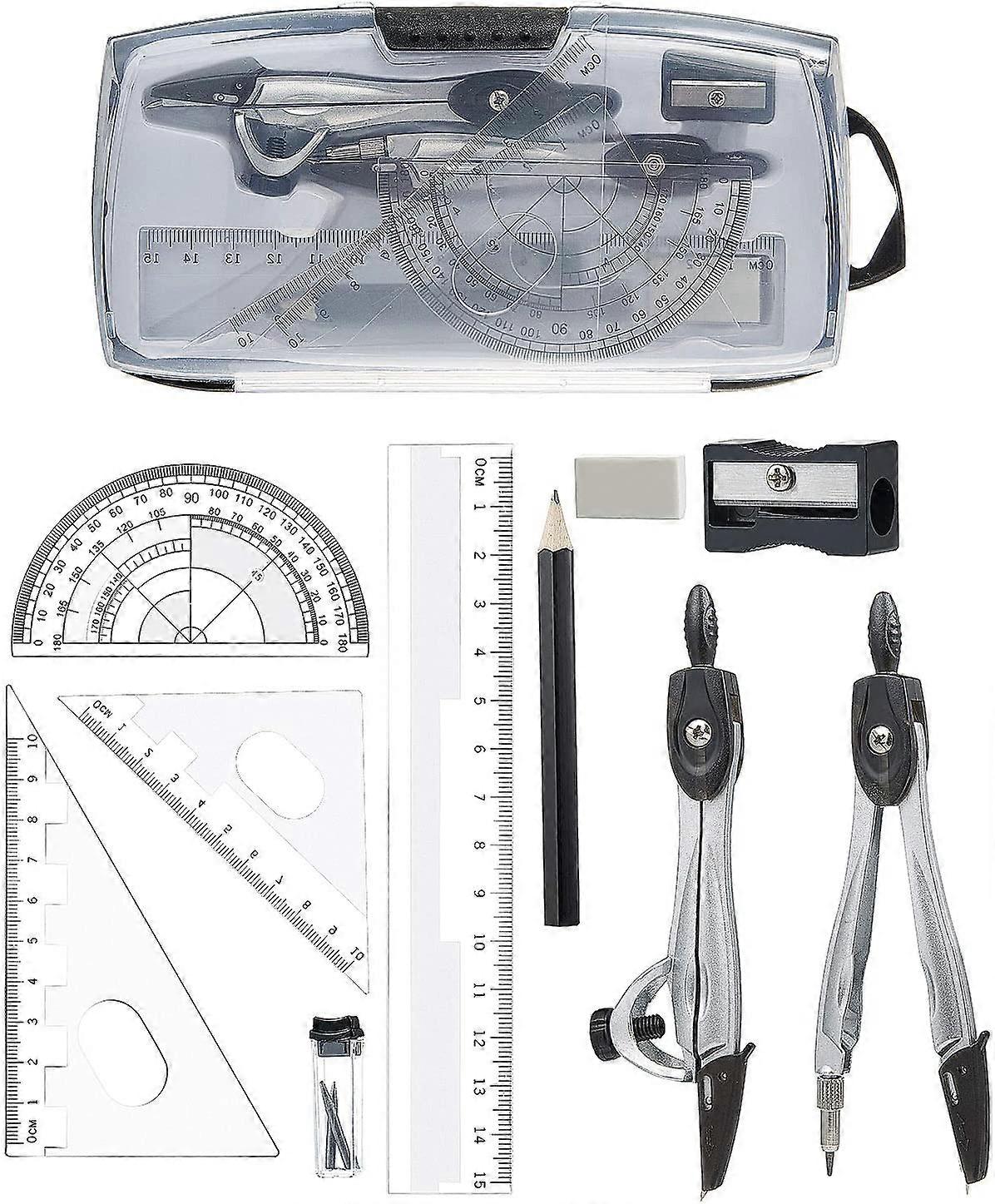 10 Piece Geometry Set - Ruler Protractor Compass Pencil Lead Pencil Refills, Eraser for Students Technical Drawings