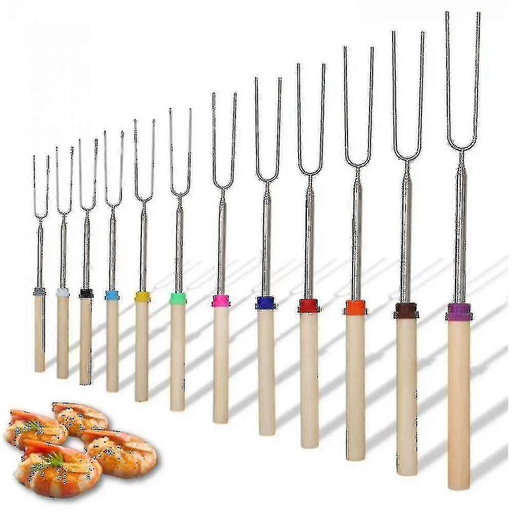 Roasting Sticks Wooden Handle Set Of 8 Skewers Telescoping Forks Bbq Tools