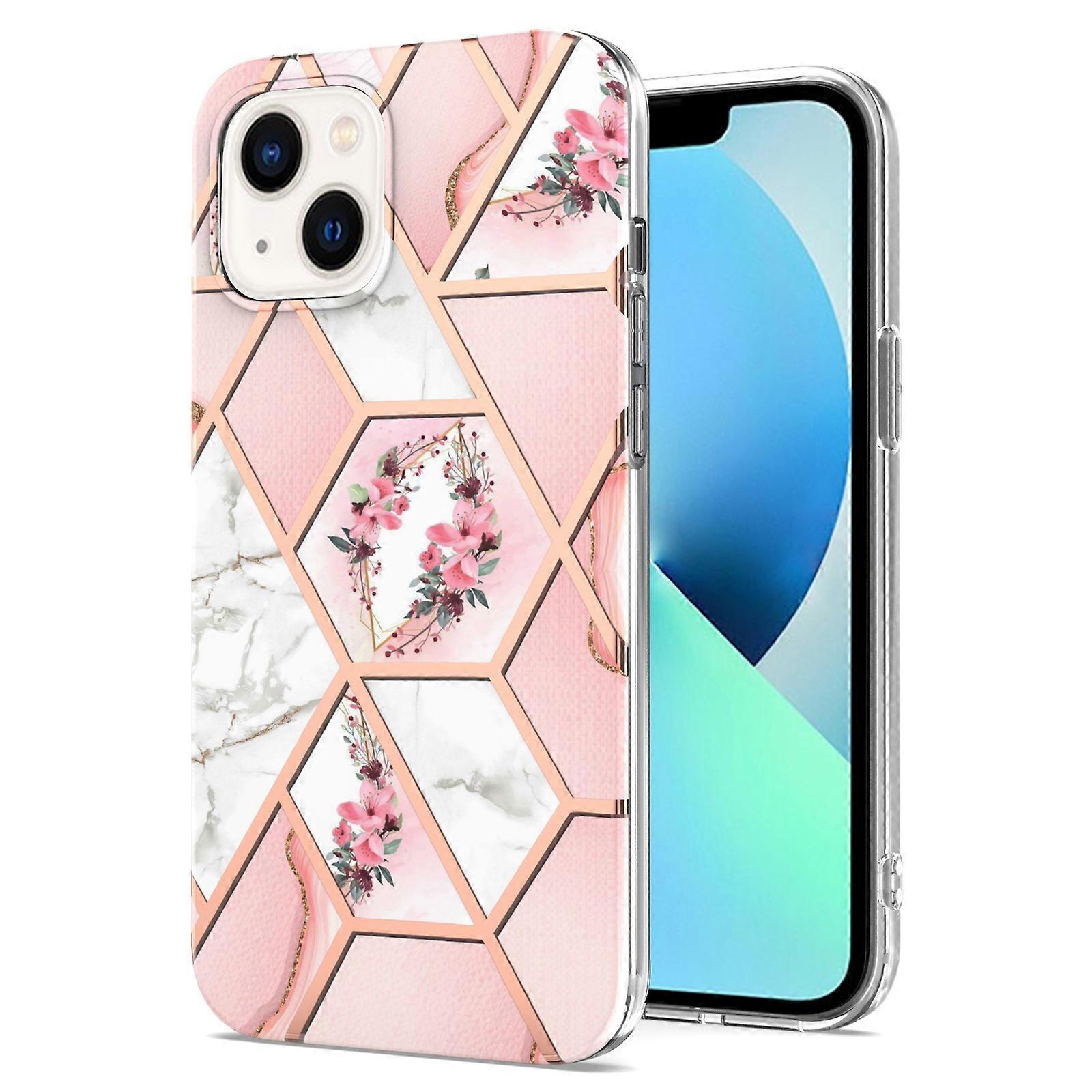 For iPhone 14 Plus Electroplating Splicing Marble Flower Pattern TPU Shockproof Case