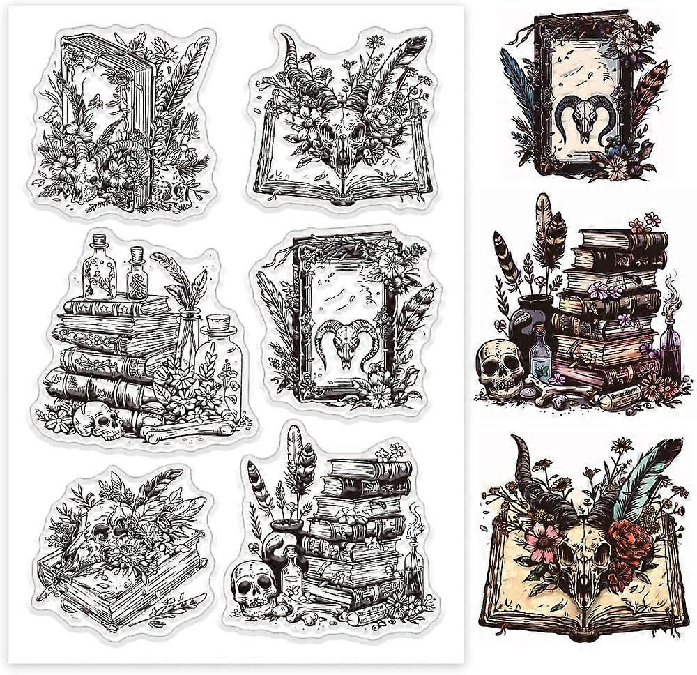Witchcraft Books Clear Stamps Goat Skeletons Silicone Clear Stamp Seals Flowers Potion Bottles Transparent Stamps for DIY Scrapbooking Cards Making Ph