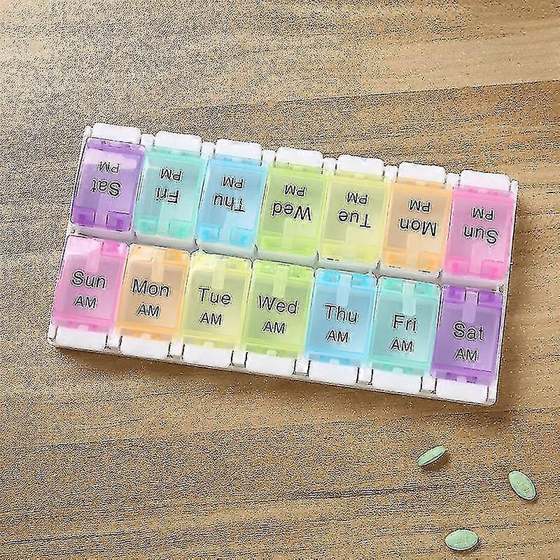 Extra Large Pill Organizer 2 Rows 14 Grids Weekly Pill Box Medicine Tablet Dispenser Portable Pill Storage Case Rainbow Pill Container