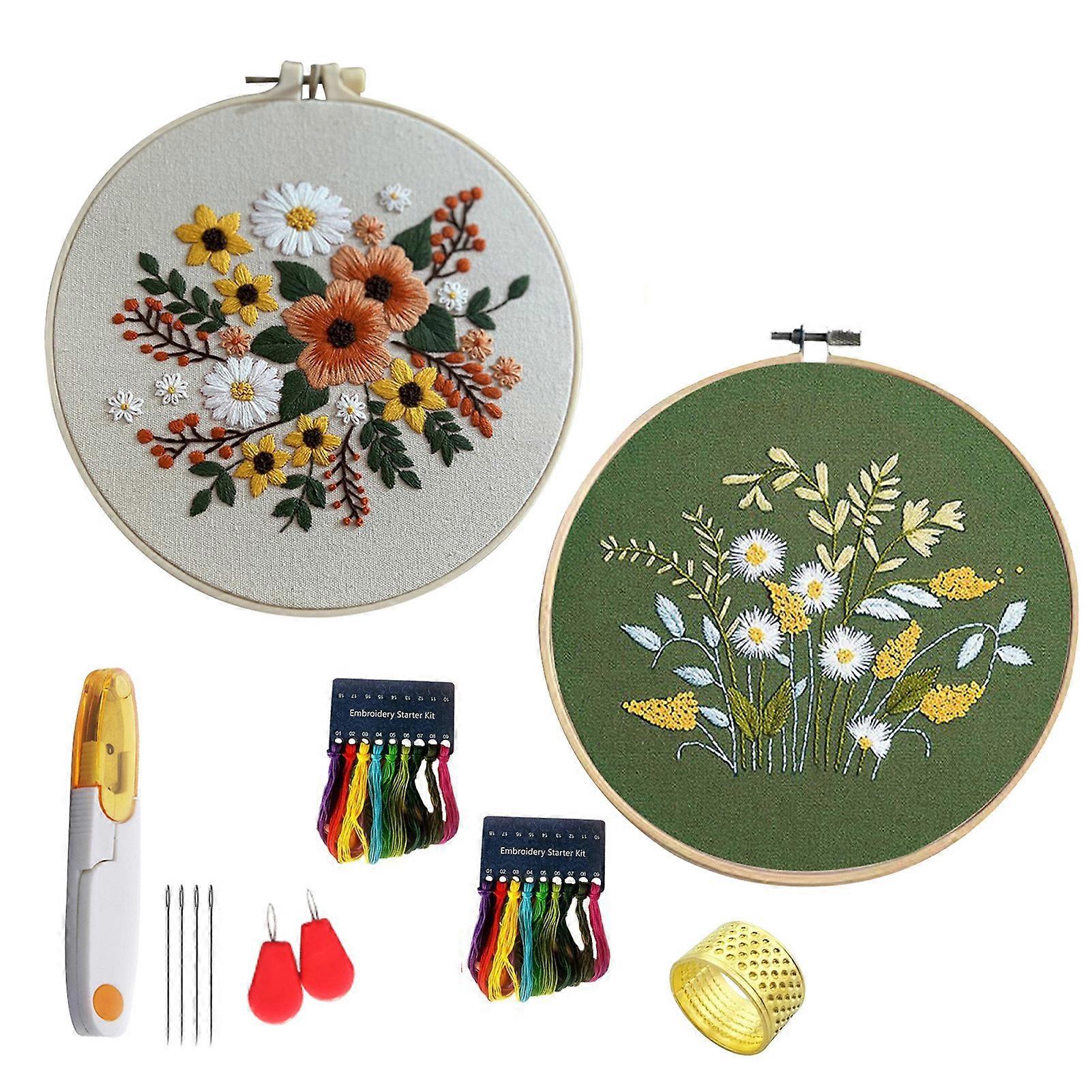 Flowers Pattern Embroidery Kit for Beginners, Diy Handmade Crafts Cross Stitch Needlework Material Kit with Sewing Thimble