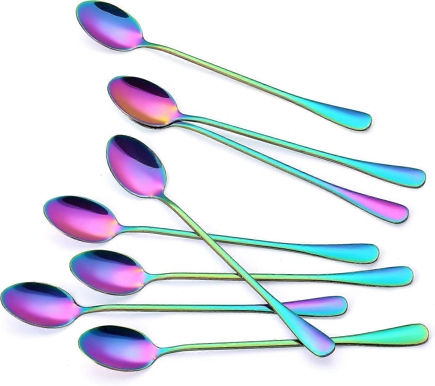 Rainbow Titanium Long Handle Skedar, Colorfu Latte Sked, Ice Cream Sked, Iste Sked, Cocktail Rörning, Te, Kaffeskedar, Förpackning om 8, 8 tum