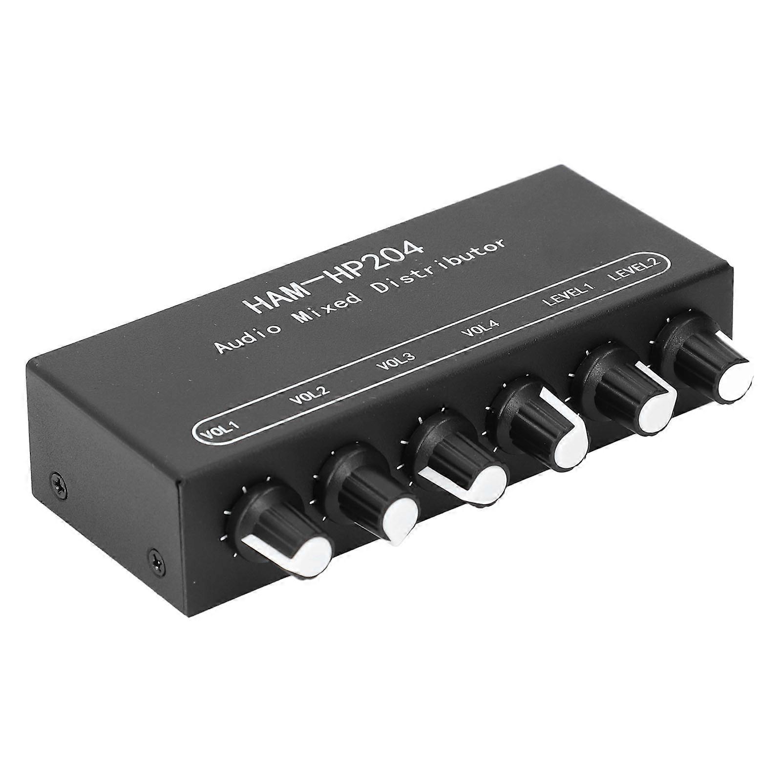 Stereo Mixer Distributor 2 in 4 Out Independent Control 5x Amplification for PC Mic Guitar Keyboard DC 5V to 19V