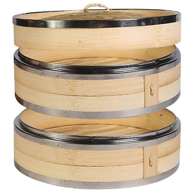 2 Tier Kitchen Bamboo Steamer with Double Stainless Steel Banding for Asian Cooking Buns Dumplings