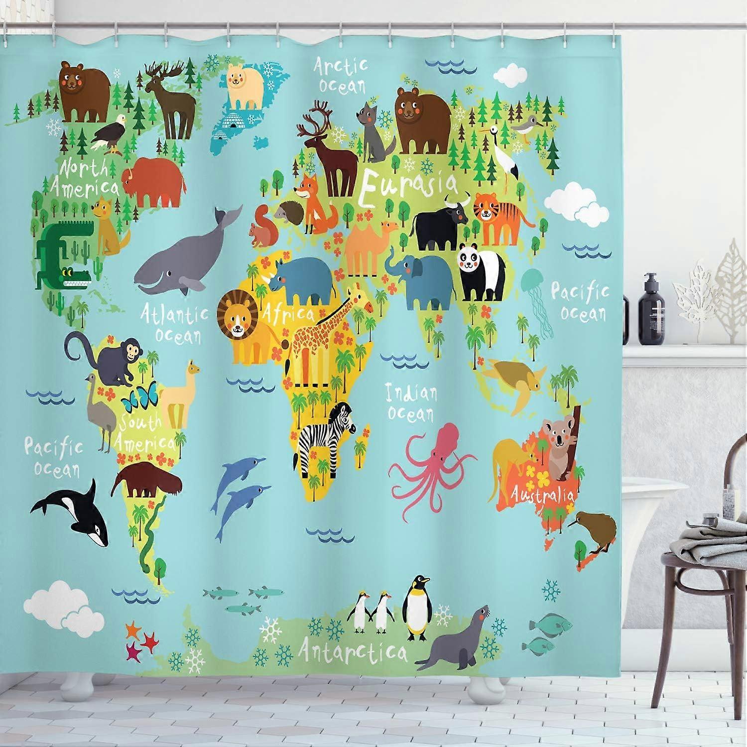 Shower Curtain, Map of Animals of the World, Fabric Bathroom Decor Set with Hooks, 175cm x 180cm,Green