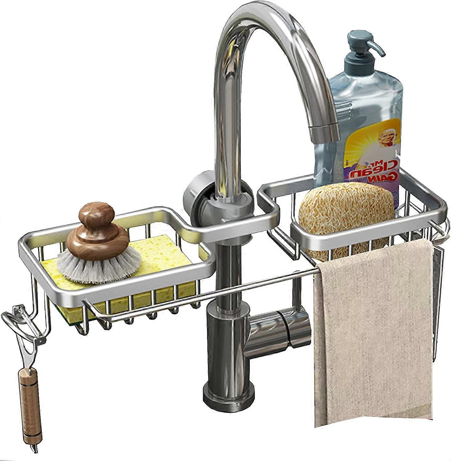 Porte-Éponge Évier Cuisine Robinet - Étagère Rangement Aluminium Plastique Noir Avec Porte-Serviette