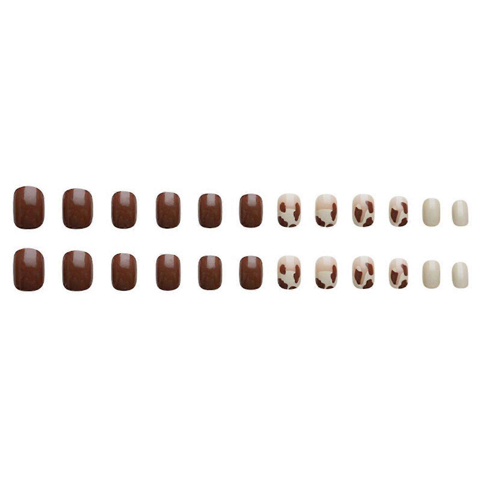 24pcs Midi Brown False Nails French Style Cute Cow Pattern Design Press On Nails