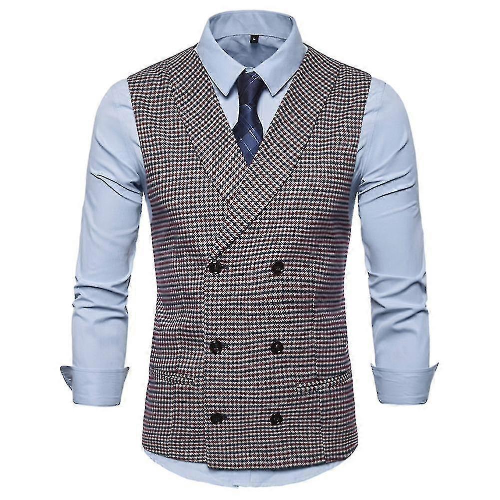 Naiwang Mens Double Breasted Cape Lapel Suit Vest Houndstooth Pattern Slim Business Waistcoat