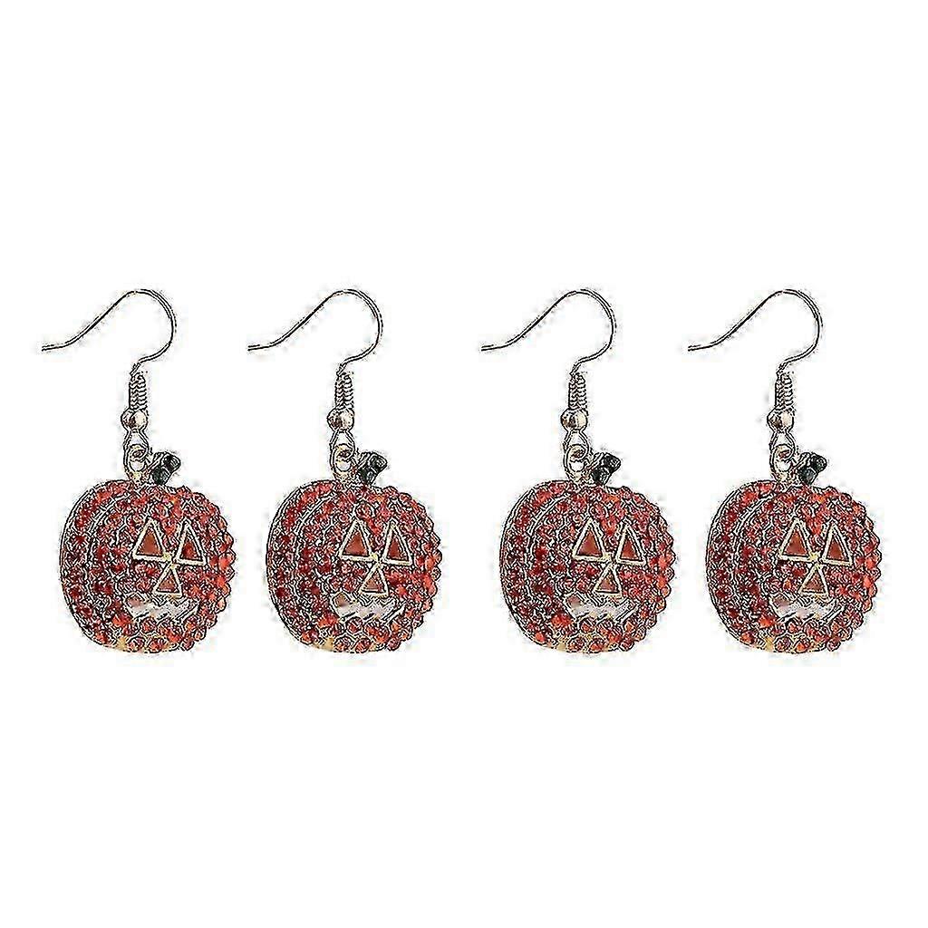 2 Pairs Full Paved Crystal Rhinestone Halloween Pumpkin Shape Dangle Earring