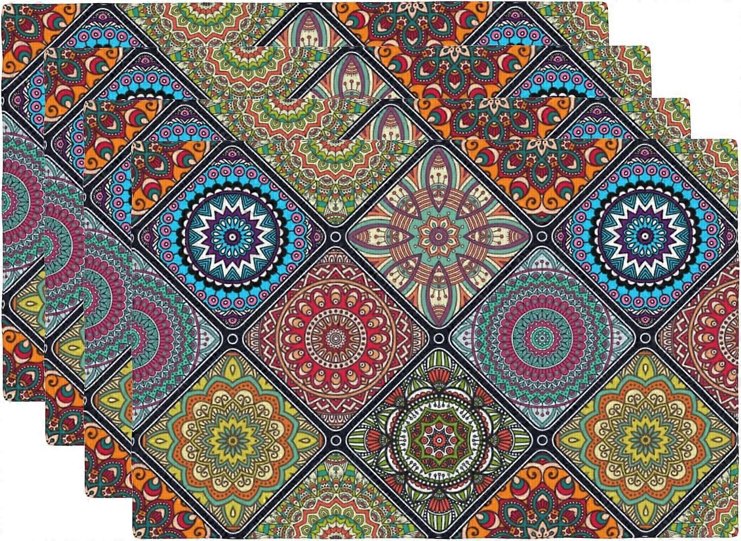 Boho Mandala Placemats Set of 4, Colorful Bohemian Table Mats for Kitchen Dining, Eco-Friendly Fabric, 12x18 Inches