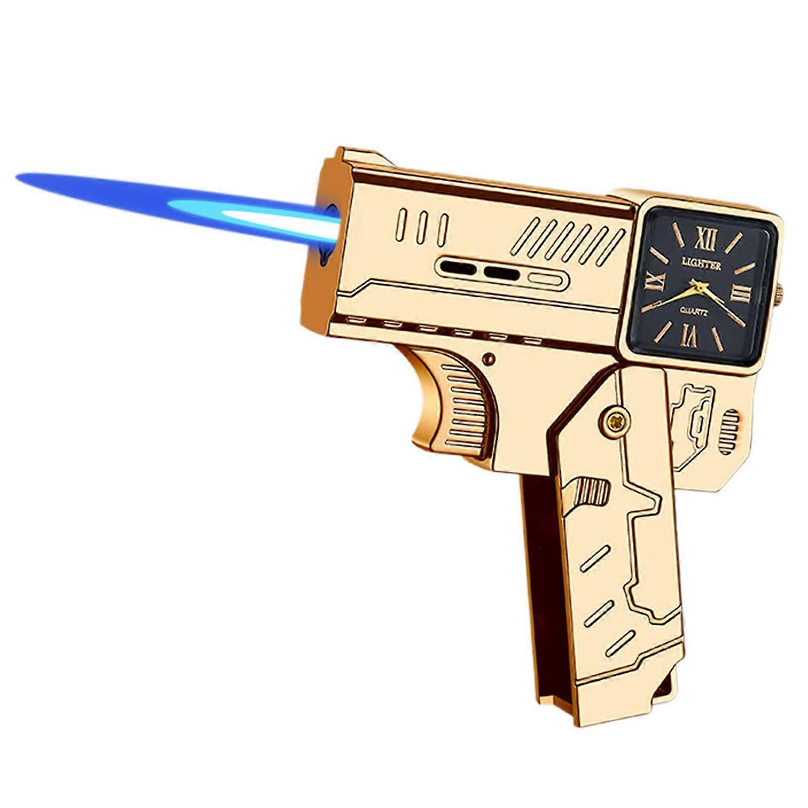 Foldable Windproof Lighter with Watch, Pistol Design Adjustable Flame Windproof Butane Torch Lighter