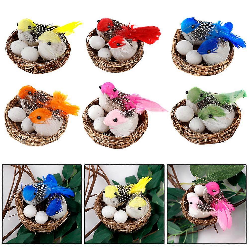 6セットイースター人工鳥の巣卵の装飾シミュレートされた泡の鳥羽の鳥のクラフトイースターの家の装飾品ガーデニング自然の装飾のためのDIY