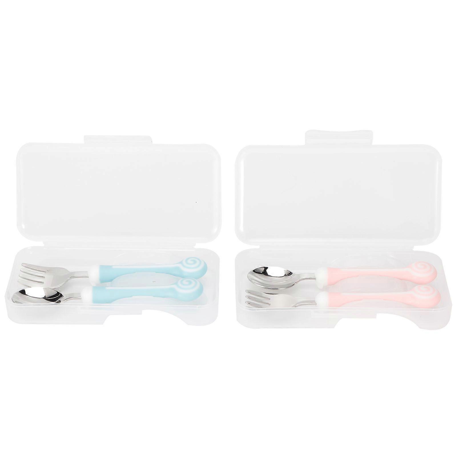 Blue and Pink Stainless Steel Toddler Spoon and Fork Set with Travel Case, Durable Tableware for Kids